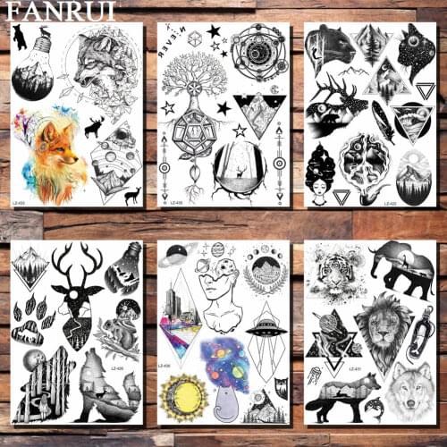 FANRUI Geometric Round Forest Deer Tattoos Men Women Body Art Temporary Tattoo Sticker Waterproof Tree Mountain Tatoo Paper DIY