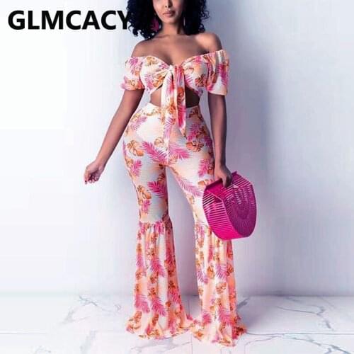 2 Pieces Sets Women Off Shoulder Printed Bowknot Top & Flare Pants