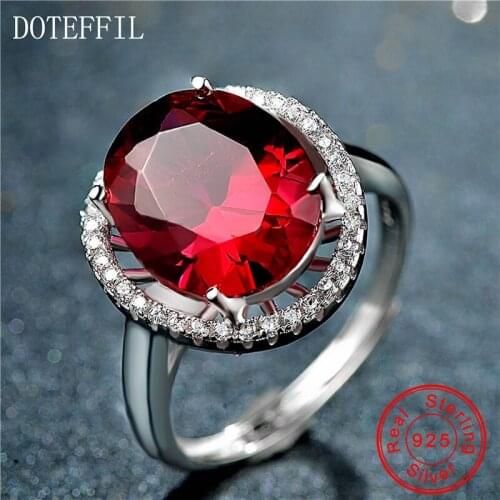 DOTEFFIL 925 Sterling Silver Rings Women AAA Red Crystal Charm Ring Silver Fashion Jewelry