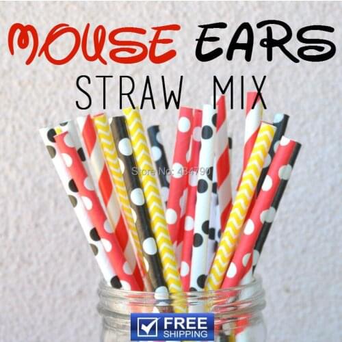 250pcs Mixed 5 Designs Mouse Ears Decorative Paper Drinking Straws, Red, Black, Yellow Striped, Polka Dot, Chevron, Birthday