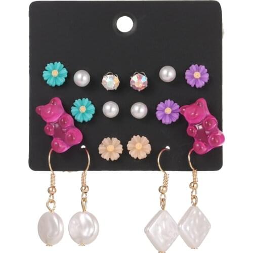 9 pairs/set fashion cute lovely kids jewelry boho resin flower simulated pearl stud earrings for women girl wedding party gift