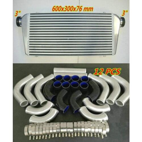 Aluminum Turbo Intercooler For 600x300x76mm In/Out 3" pipe + 12pcs Silicone Hose piping Fans Tube & Fin Front Mount 600x300x76