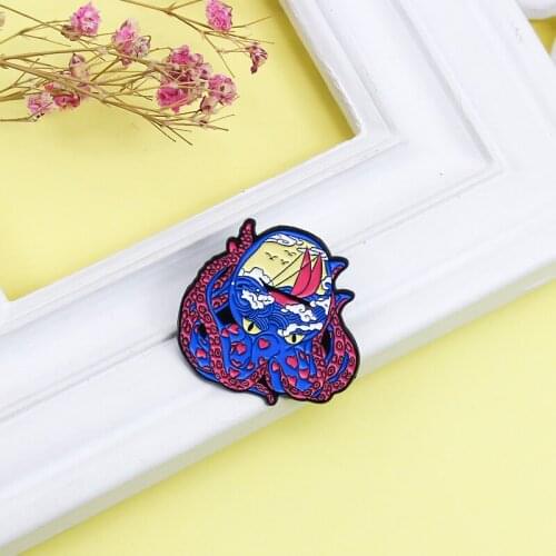 Blue Octopus Enamel Brooch Red love heart Octopus thinking of going out to sea Lapel Pin Waves clouds Sailboat Custom Badge