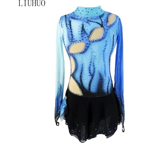 Custom design Figure Skating Dress Girls Children Blue holes strapes print Quality Crystals Long Sleeves for Ice Skating dress
