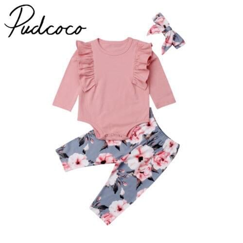 Newborn Toddler Baby Girls Flower Top Romper Long Pants Outfits Clothes