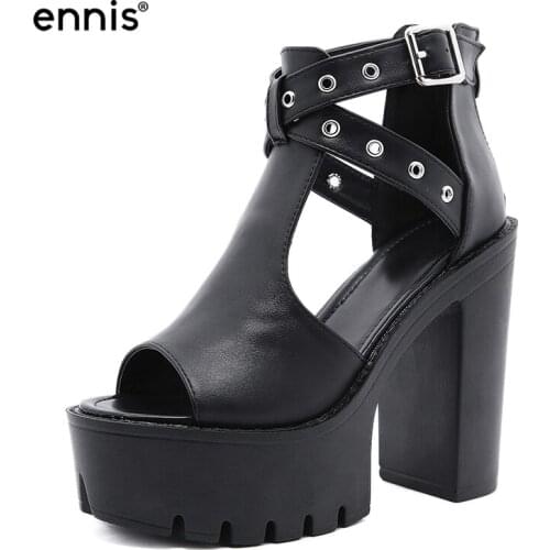 ENNIS Gladiator Sandals Square High Heel Shoes Women Platform Sandals Buckle Nightclub Summer Shoes Peep Toe Black Shoes S111