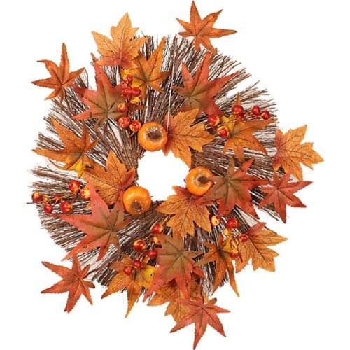 Artificial Fall Wreath, Autumn Wreath with Maple Leaves Pumpkin and Berries, for Front Door Thanksgiving Decoration