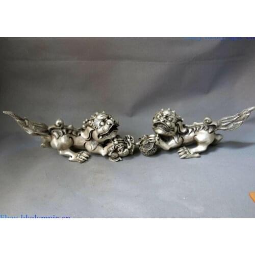 China Silver carved Feng Shui lucky sculpture guard Foo Dogs Lions pair Statue