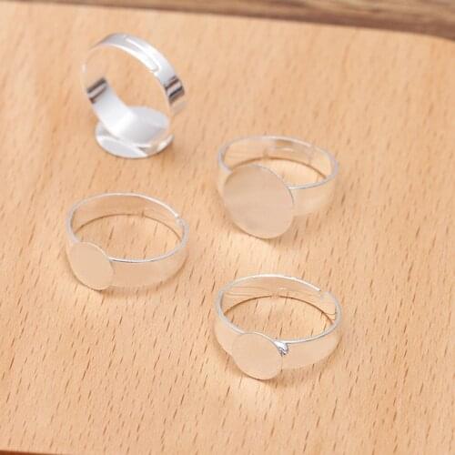 50 PCS Fit 8mm 10mm 12mm Round Flat Base Ring Blank Silver Plated Adjustable Ring Settings DIY Handmade Accessories