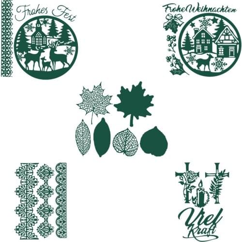 Cottage Front Door Reindeers Christmas Tree Snowflake Scene Cross Candle Bell Maple Leaf Lace Edge Cutting Dies DIY Scrapbooking