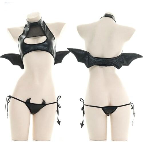 Lolita Gothic Punk Cute Lacquer Leather Devil Wings Underwear Suit Vintage Cosplay Female Open Chest Sexy Private Pajamas Set