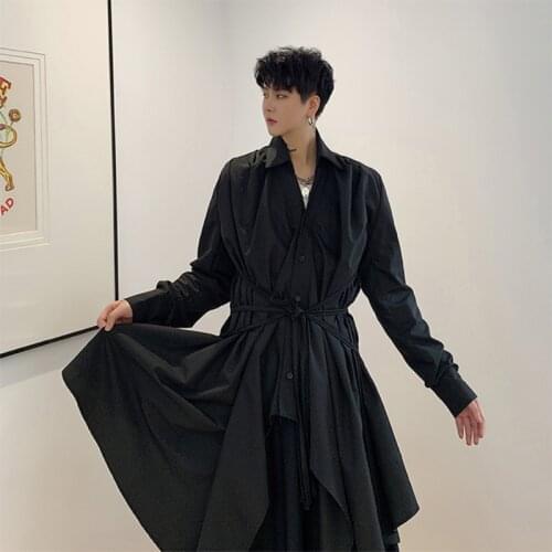 Mens loose casual shirt with irregular waist and long sleeves street style gothic shirt stage costume
