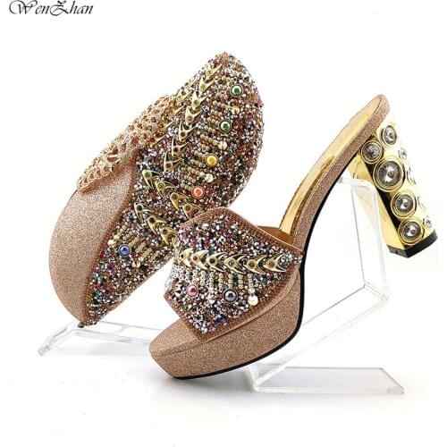 Latest Party Ladies High Heel Shoes and Bag Set Fashion Metal Fish Bone Decorated with Colorful Rhinestone in Peach b210-20