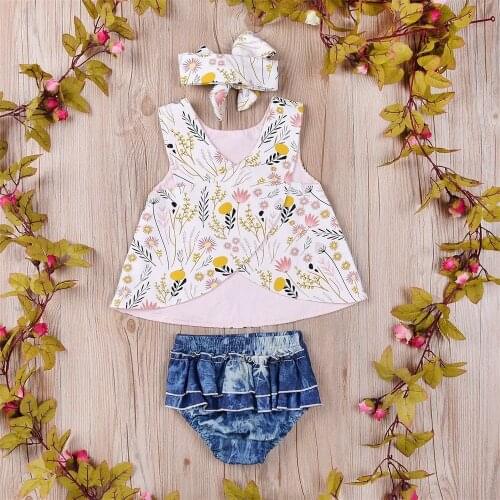 2020 Brand New Toddler Infant Newborn Baby Girls Vest Top Denim Short Headband 3Pcs Floral Casual Sets Outfits Clothes 0-3T
