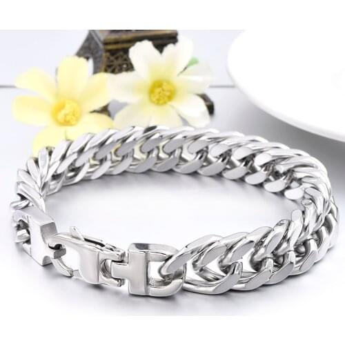 Charm Chain Bracelets For Men Silver Color Stainless Steel Curb Cut Link Man Boy Bangle,Special Clasp Jewelry Gift