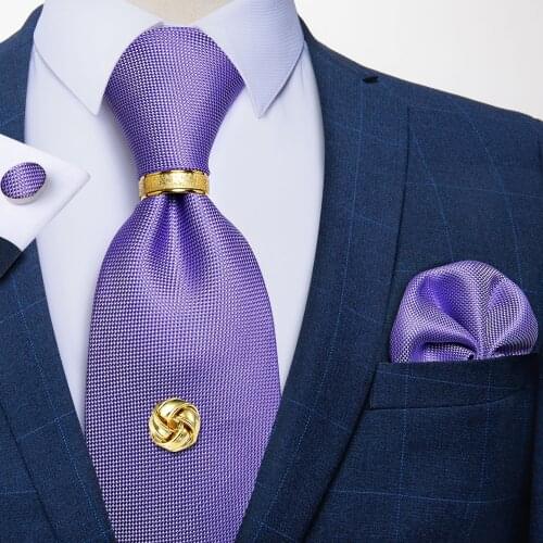 Solid Purple Men Tie Cracat Set Fashion Business Wedding Ties Pocket Square Cufflinks Tie Tack Gift For Men Gravata DiBanGu
