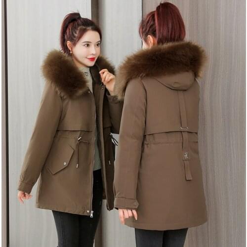 New Cotton Liner Parker Parka Fashion Adjustable Waist Fur Collar Winter Jacket Women Medium Long Hooded Parka Coat
