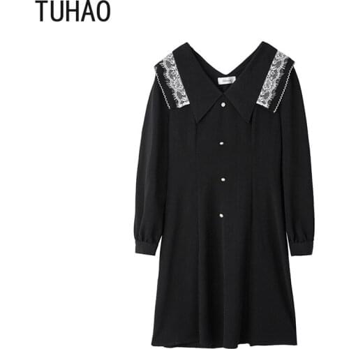 TUHAO Big Size Dress for Women 4XL 3XL Womens Autumn Long Sleeve Dress Lace Collar Black Dresses Elegant Office Lady Dress WM34