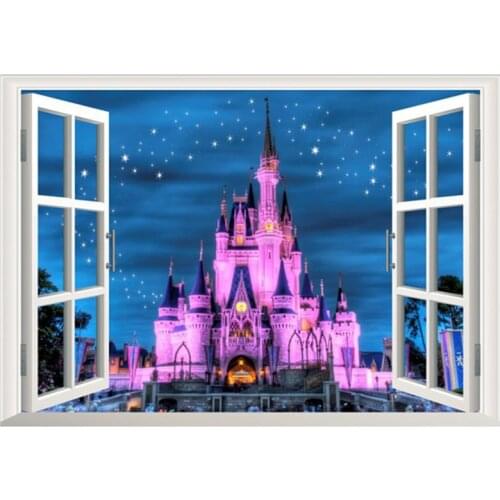 Under starry sky the Castle fake window vinyl stickers night view 3d wall art mural home decoration landscape wallpaper 70*50cm