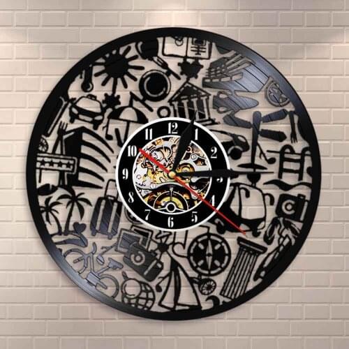 Made Out Of Vinyl Record LP Tourism Travel Retro Black Wall Art Travel Theme Decorative Wall ClockDecorative Vintage Wall Watch