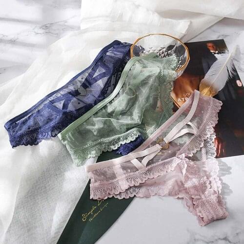 Sexy Mesh Seamless Heart Bandage T-pants Thong Hot Temptation Triangle Low-rise Ladies Underwear Lace Cotton Crotch Embroidered