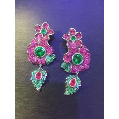 925 sterling silver with cubic zircon flower drop earrings long earring fine women jewelry ethnic free shipping