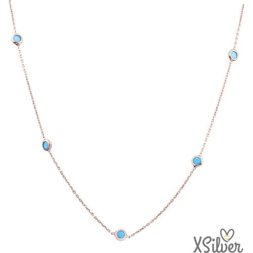 XSilver Kadın Firuze Sıra Taşlı Gerçek 925 Ayar Gümüş Kolye Moda Kadınlar İçin Minimalist Güzel Takı Sevimli Aksesuarları Hediye