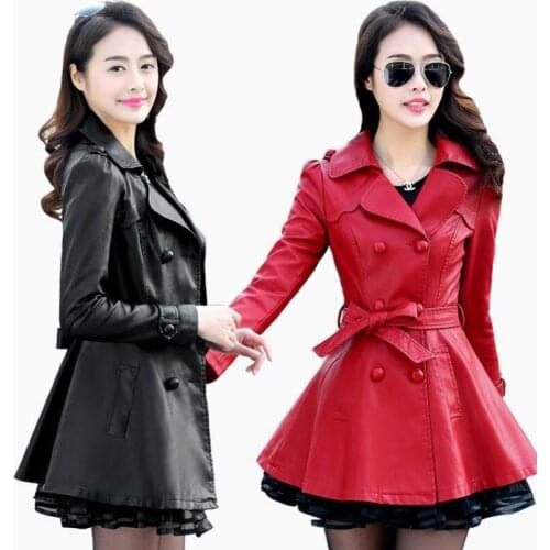 Leather Winter Jacket Real PU Leather Jacket Women Autumn Clothes Korean Lace Long Biker Jackets Ladies Jaqueta P288