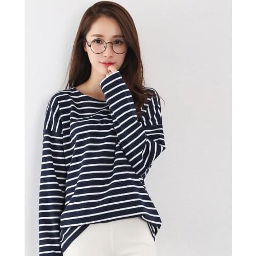 Women Long - sleeved striped female cotton autumn and winter loose large plus size primer Korean blouse shirt