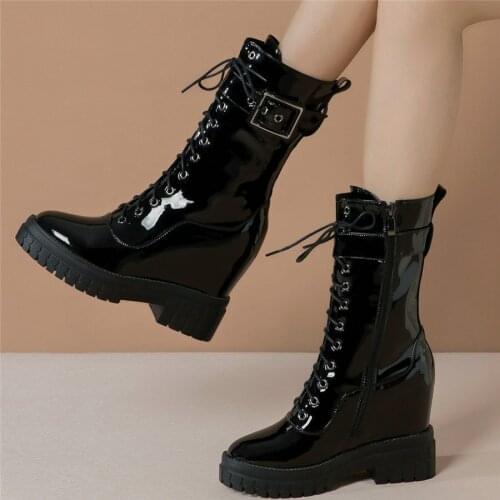 Platform Creepers Women Lace Up Genuine Leather Wedges High Heel Ankle Boots Female High Top Round Toe Pumps Shoes Casual Shoes