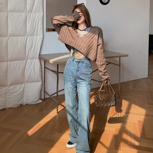 Women Fashion Oversized Pullovers Solid Tops Jumpers Korean Loose Knitted Brown Sweater Female Fall Winter V-neck Cropped Tops