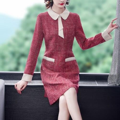 2021 Autumn Winter Vintage Women Long Sleeve Tweed Dress Elegant Ladies office Red Woolen Dress