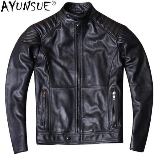 2021 Fashion Cowhide Leather Jacket Men Stand Collar Short Motorcycle Autumn Coat Streetwear Men Clothing Veste Homme WPY3698