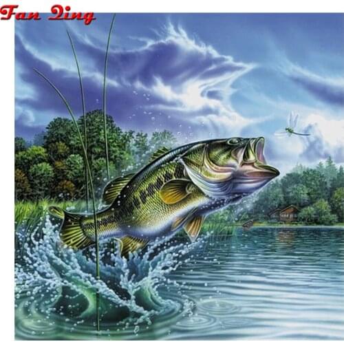 5D DIY Diamond Painting Bass Fishing Lake Sunset Embroidery Full Square Diamond Cross Stitch Rhinestone Mosaic Painting