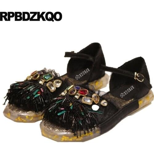 Black Luxury Shoes Women Designer High Quality Crystal Lace Sandals Jewel Fringe Flat Glitter Runway Beaded Genuine Leather
