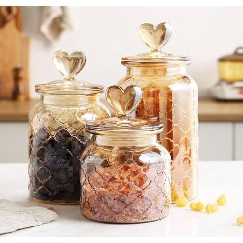 Colored glass sealed can love glass bottle household transparent cover kitchen food grain storage can kimchi altar