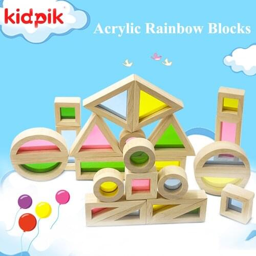 Baby Wooden Toys Acrylic Rainbow Blocks 24pcs Big Size Bricks Kids Intelligence Geometry Assembly Wooden Building Blocks Toys