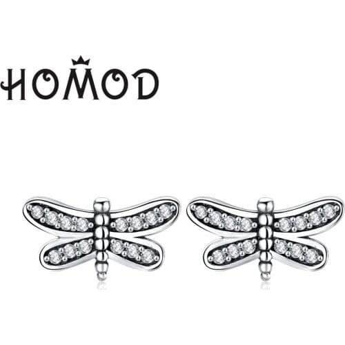 HOMOD 2019 New Silver Color Petite Dragonfly Stud Earrings With Clear Cubic Zircon Fits Brand Earrings For Women Femme Jewelry
