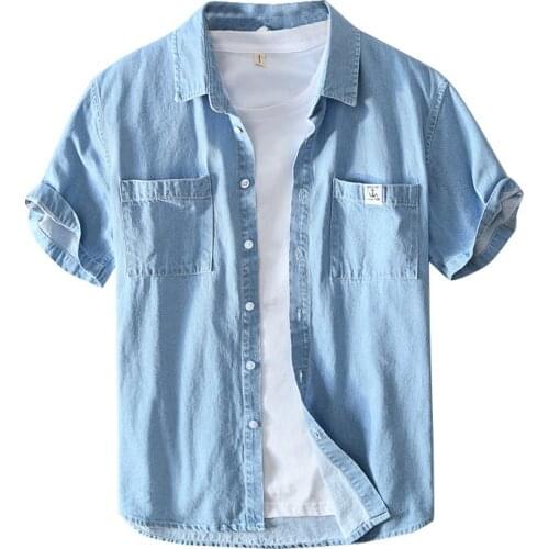 Summer Thin Denim Short Sleeve Shirt for Men Soft 100%Pure Cotton Pockets Decorate Slim Slight Elastic Cowboy Shirt Clothing