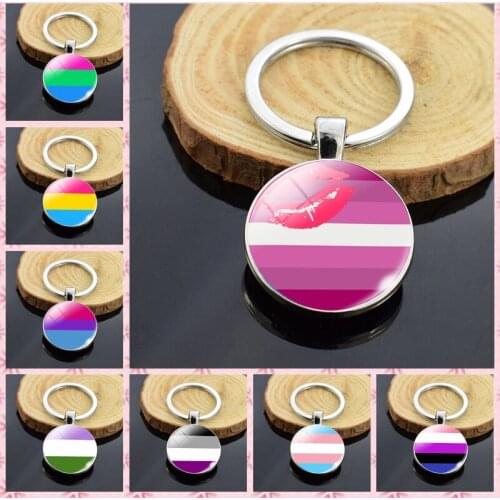 LGBT Rainbow Design Keychain Double Face Glass Cabochon Key Chain Lesbians Gays Keyring Gift