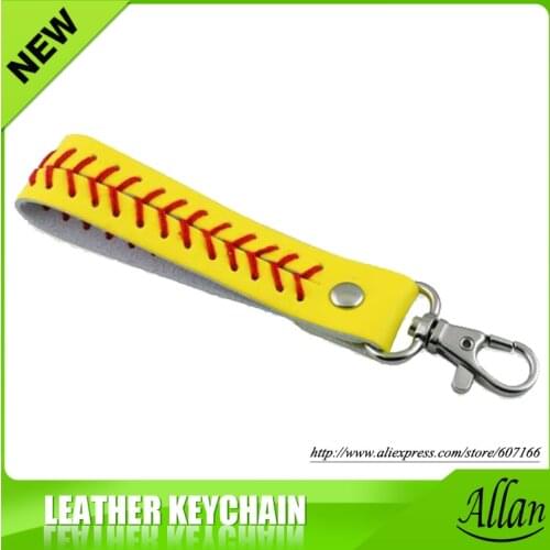 Fashion leather keychains personalized softball seamed leather keychains