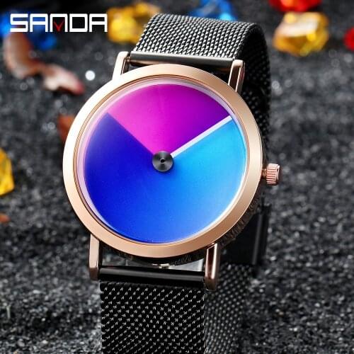 SANDA Personality And Creativity Concept Swirl Contrast Color Gradient Quartz Watch Men Leather Fashion Watches Reloj Mujer 1031