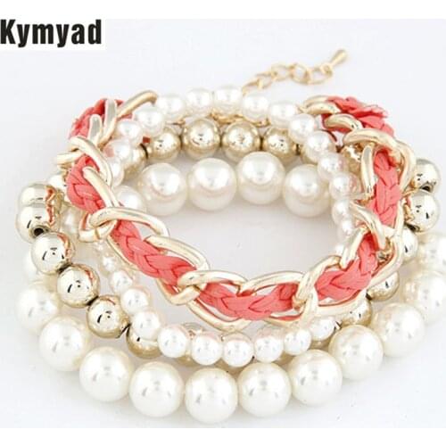 Kymyad Elastic Bracelets Sets Multi Layer Gold Color Bracelets For Women Bijoux Simulated Pearl Jewelry Bracelet Femme Pulseira