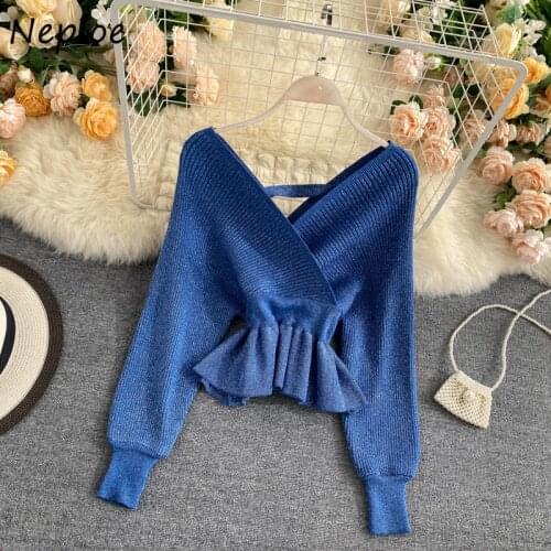 Neploe Sexy V-neck Knitted Women Pullovers Autumn Winter Elegant Temperament Slim Waist Sweaters Chic Ruffles All-match Coat