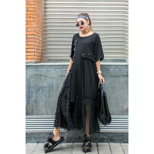 2021 Summer New Black Irregular Doll Big Eye Stitching Dress Female Casual Loose Loose Thin Section Covering The Flesh And Slim
