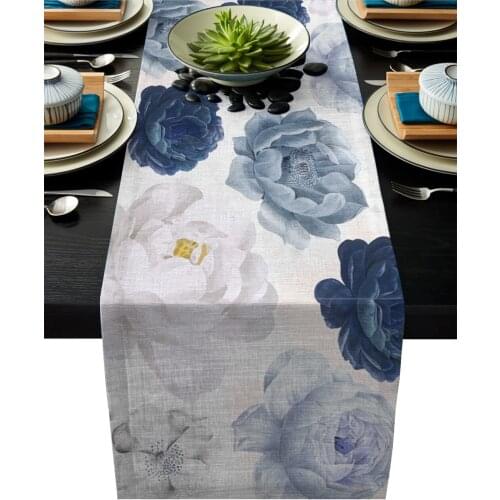 Watercolor Flowers Texture Gray Table Runner Modern Linen Cotton Tablecloth Home Wedding Party Dinning Table Decor