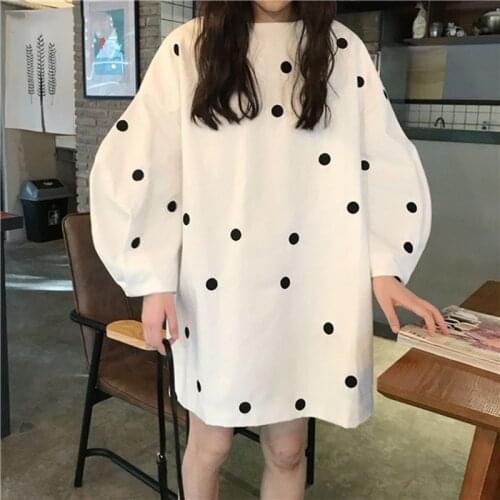 Hoodies Women O-Neck Puff Sleeves Dot Printed Loose Kawaii Simple All-match Korean Style Pullovers Womens Soft Daily Sweatshirts
