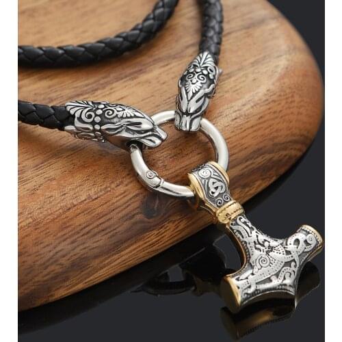 Stainless Steel Vintage Norse Viking Wolf Head Thor Hammer Mjolni Pendant Necklace Mens Punk Jewelry Amlet