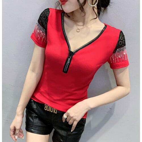 #6085 Black Red Spliced Lace Short Sleeve T Shirt Women V Neck With Zipper Sexy T Shirts Female Slim Summer Tops For Women 2021