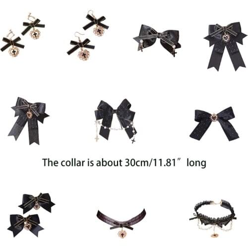 667E Ruffle Lace Choker for Women Ribbon Bows Hairpin Earrings Pearl Chain Hair Clips Lolita Party Handmade Hair Accessories